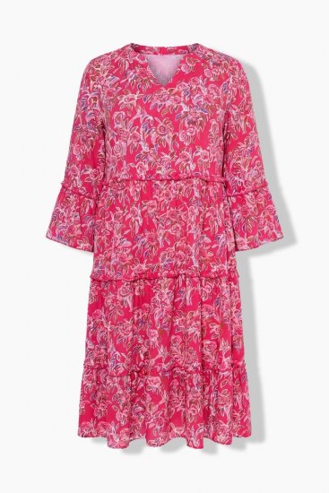 Ulla Popken 852841 Kukkakuvioinen mekko röyhelöillä Magenta - Midimekot - Midimekot isoissa ko'oissa