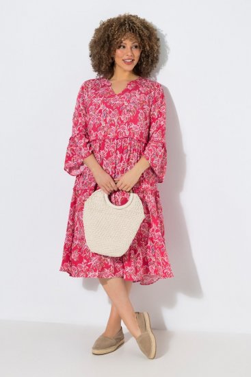 Ulla Popken 852841 Kukkakuvioinen mekko röyhelöillä Magenta - Midimekot - Midimekot isoissa ko'oissa