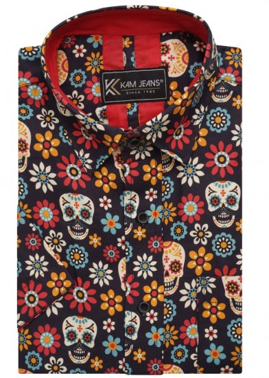 Kam Jeans 6040 Floral Skull Print Shirt Black - Kauluspaidat - Miesten isot kauluspaidat 2XL – 8XL