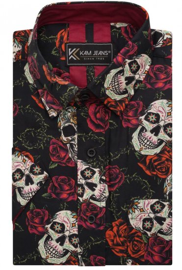 Kam Jeans 6042 Rose Skull Digital Print Shirt Black - Kauluspaidat - Miesten isot kauluspaidat 2XL – 8XL