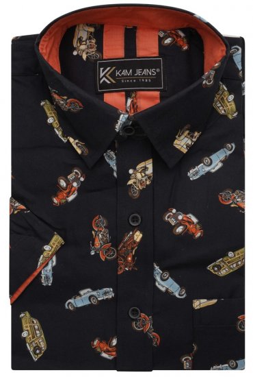 Kam Jeans 6046 Vintage Car Digital Print Shirt Black - Kauluspaidat - Miesten isot kauluspaidat 2XL – 8XL