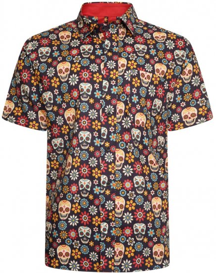 Kam Jeans 6040 Floral Skull Print Shirt Black - Kauluspaidat - Miesten isot kauluspaidat 2XL – 8XL