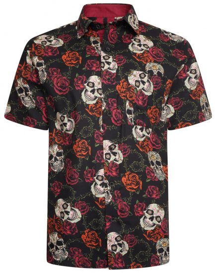 Kam Jeans 6042 Rose Skull Digital Print Shirt Black - Kauluspaidat - Miesten isot kauluspaidat 2XL – 8XL