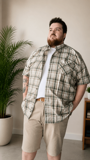 Kam Jeans 6339 Checked Short Sleeve Shirt Beige - Kauluspaidat - Miesten isot kauluspaidat 2XL – 8XL
