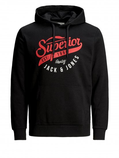 Jack & Jones Elogo Sweat Hood Black - Hupparit ja collegepaidat - Miesten hupparit ja collegepaidat isot koot