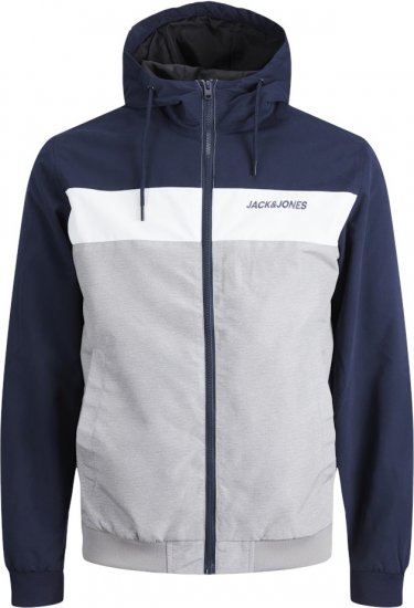 Jack & Jones RUSH White/Grey Blocking Bomber Jacket with Hood Navy Blazer - Takit - Miesten Takit, isot koot – 2XL – 12XL