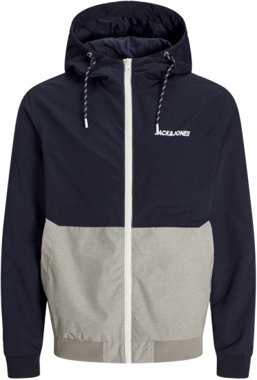 Jack & Jones RUSH White/Grey Blocking Bomber Jacket with Hood Dark Blue - Takit - Miesten Takit, isot koot – 2XL – 12XL