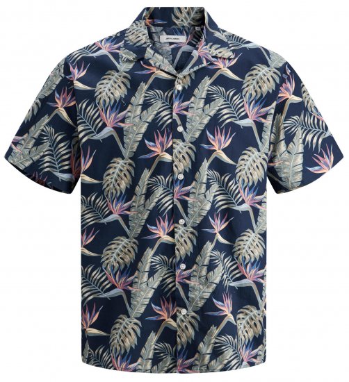 Jack & Jones JJCOASTAL RESORT Floral Shirt Navy - Kauluspaidat - Miesten isot kauluspaidat 2XL – 8XL