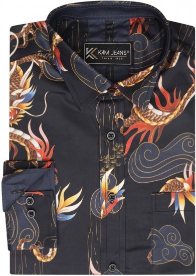 Kam Jeans 6057 LS Dragon Print Shirt Black - Kauluspaidat - Miesten isot kauluspaidat 2XL – 8XL