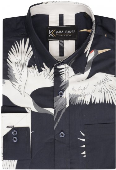 Kam Jeans 6059 LS Bird Print Shirt Navy - Kauluspaidat - Miesten isot kauluspaidat 2XL – 8XL