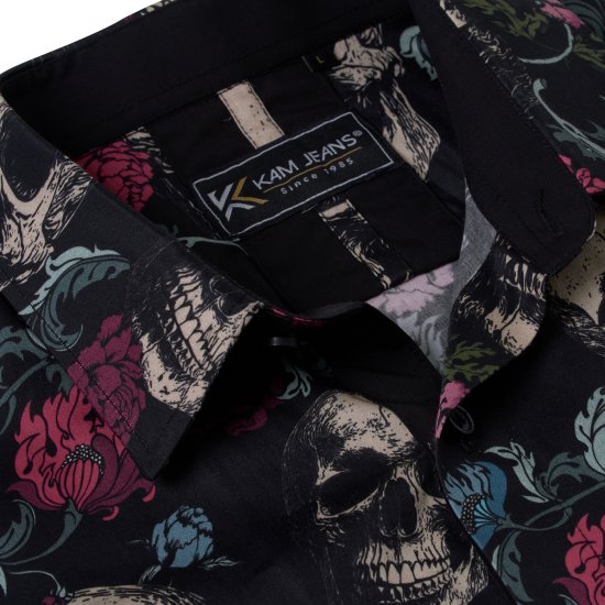 Kam Jean 6074 Lyhythihainen Kauluspaita Pääkalloprintillä Musta - Kauluspaidat - Miesten isot kauluspaidat 2XL – 8XL