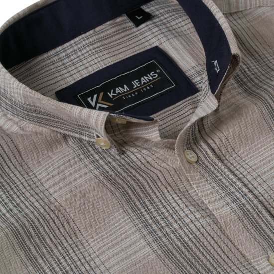 Kam Jeans 6382 Lyhythihainen Teksturoitu Ruudullinen Kauluspaita Beige - Kauluspaidat - Miesten isot kauluspaidat 2XL – 8XL