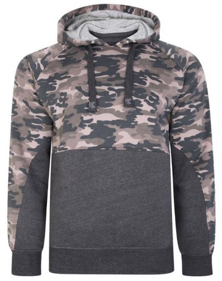 Kam Jeans 7036B Camo Pannelled Over The Head Hoody Charcoal - Hupparit ja collegepaidat - Miesten hupparit ja collegepaidat isot koot