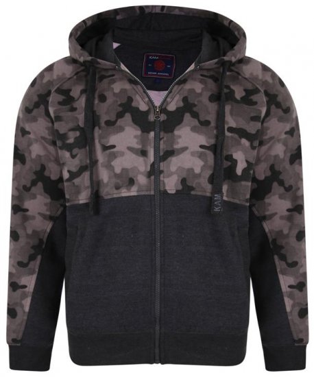 Kam Jeans 7036 Camo Print Full Zipper Hoodie Charcoal - Hupparit ja collegepaidat - Miesten hupparit ja collegepaidat isot koot