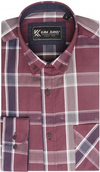 Kam Jeans P038 LS Premium Cotton Check Shirt Wine - Kauluspaidat - Miesten isot kauluspaidat 2XL – 8XL