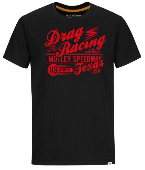 Motley Denim Lincoln T-Shirt Red on Black - T-paidat - Isot T-paidat 2XL – 14XL