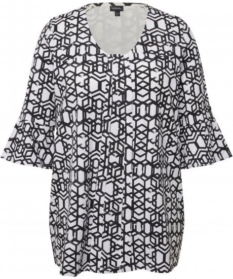Ulla Popken Geometric Print Trumpet Sleeve Tee Black - Painetut T-paidat naisille - 