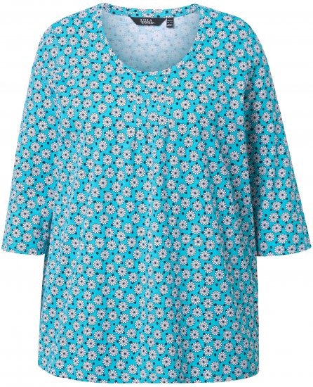 Ulla Popken Flower Print 3/4 Sleeve A-Line Tee Deep Aqua - Painetut T-paidat naisille - 