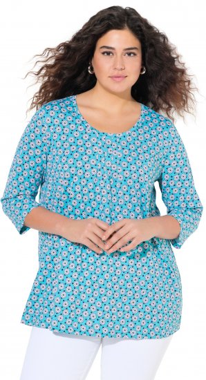 Ulla Popken Flower Print 3/4 Sleeve A-Line Tee Deep Aqua - Painetut T-paidat naisille - 