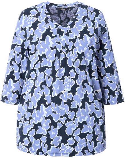 Ulla Popken Floral Print 3/4 Sleeve V-Neck Tee Navy Blue - Painetut T-paidat naisille - 