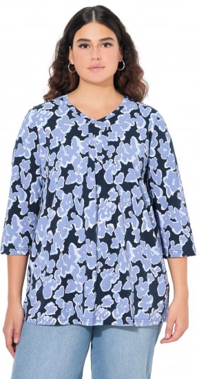 Ulla Popken Floral Print 3/4 Sleeve V-Neck Tee Navy Blue - Painetut T-paidat naisille - 