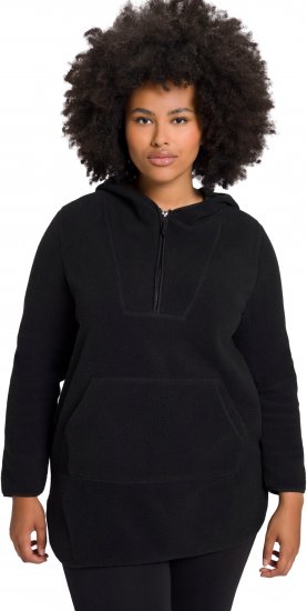 Ulla Popken Teddy Fleece Hooded Zip Neck Sweatshirt Black - Naisten hupparit ja collegepaidat isot koot - 