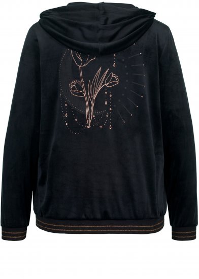 Ulla Popken Tulip Line Print Velour Zip Hoodie Black - Naisten hupparit ja collegepaidat isot koot - 