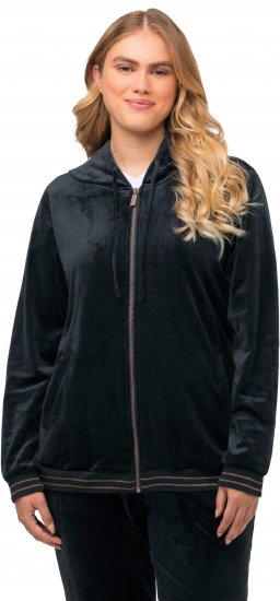 Ulla Popken Tulip Line Print Velour Zip Hoodie Black - Naisten hupparit ja collegepaidat isot koot - 