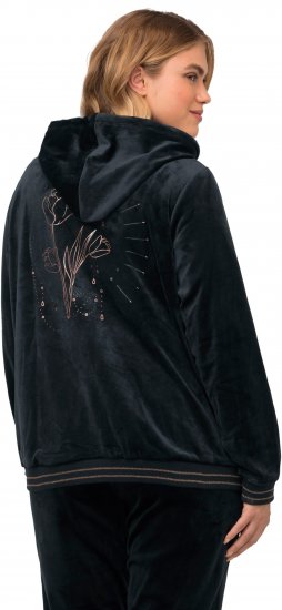 Ulla Popken Tulip Line Print Velour Zip Hoodie Black - Naisten hupparit ja collegepaidat isot koot - 