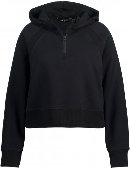 Ulla Popken Ribbed Inset Zip Collar Hoodie Black - Naisten hupparit ja collegepaidat isot koot - 