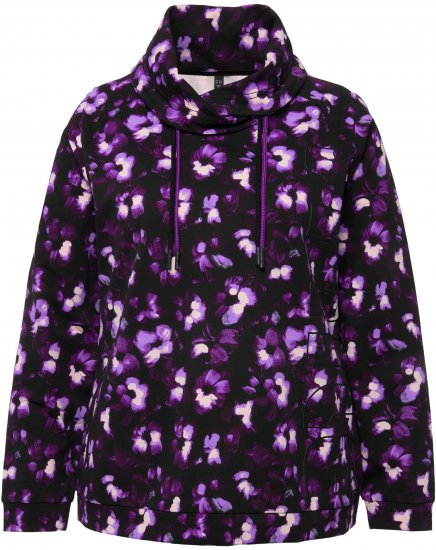 Ulla Popken Floral Print Drawstring Collar Hoodie Black - Naisten hupparit ja collegepaidat isot koot - 