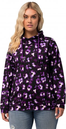 Ulla Popken Floral Print Drawstring Collar Hoodie Black - Naisten hupparit ja collegepaidat isot koot - 