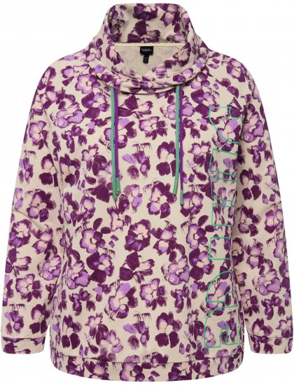 Ulla Popken Floral Print Drawstring Collar Hoodie Vanilla - Naisten hupparit ja collegepaidat isot koot - 