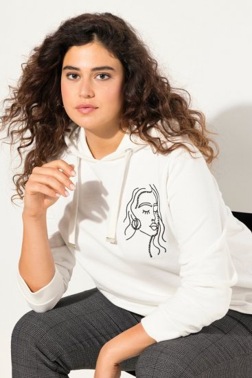 Ulla Popken Face Graphic Long Sleeve Hoodie Off-White - Naisten hupparit ja collegepaidat isot koot - Mukavat collegepaidat, huput ja neuleet