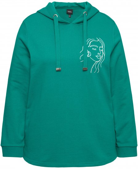 Ulla Popken Face Graphic Long Sleeve Hoodie Emerald Green - Naisten hupparit ja collegepaidat isot koot - 