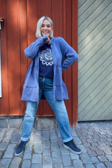Ulla Popken Tiered Flounce Panel Zip Up Hoodie Atlantic Blue - Naisten hupparit ja collegepaidat isot koot - 