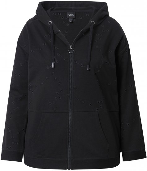 Ulla Popken Eyelet Embroidered Zip-Up Hoodie Black - Naisten hupparit ja collegepaidat isot koot - 