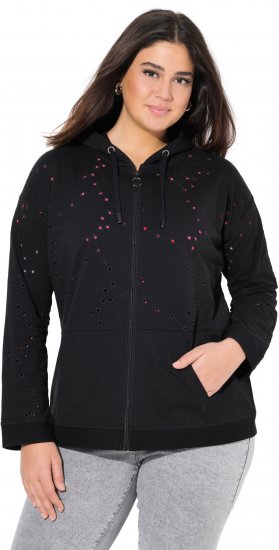 Ulla Popken Eyelet Embroidered Zip-Up Hoodie Black - Naisten hupparit ja collegepaidat isot koot - 