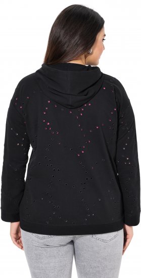 Ulla Popken Eyelet Embroidered Zip-Up Hoodie Black - Naisten hupparit ja collegepaidat isot koot - 