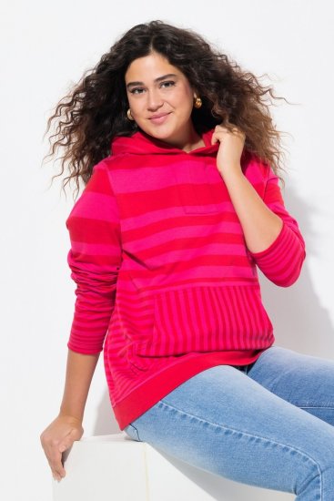 Ulla Popken Oversized Striped Long Sleeve Hoodie Lychee - Naisten hupparit ja collegepaidat isot koot - Mukavat collegepaidat, huput ja neuleet