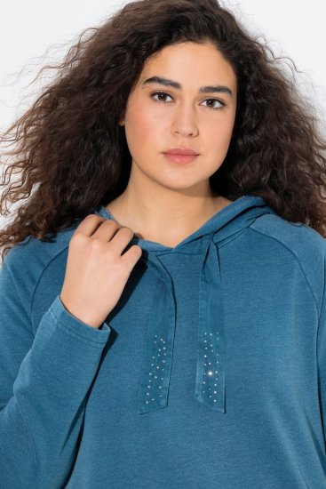 Ulla Popken Rhinestone Drawstring Moon Wash Hoodie Teal - Naisten hupparit ja collegepaidat isot koot - Mukavat collegepaidat, huput ja neuleet