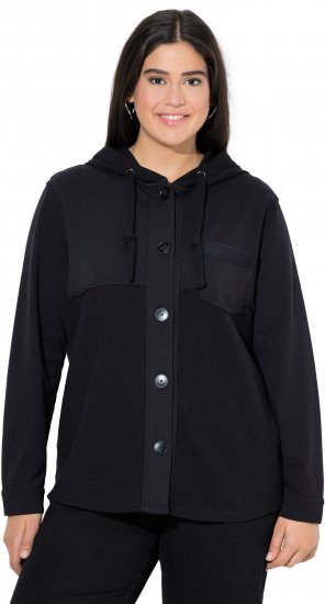 Ulla Popken Mixed Texture Button Down Hoodie Black - Naisten hupparit ja collegepaidat isot koot - 