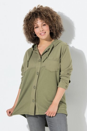 Ulla Popken Mixed Texture Button Down Hoodie Pond Green - Naisten hupparit ja collegepaidat isot koot - Mukavat collegepaidat, huput ja neuleet