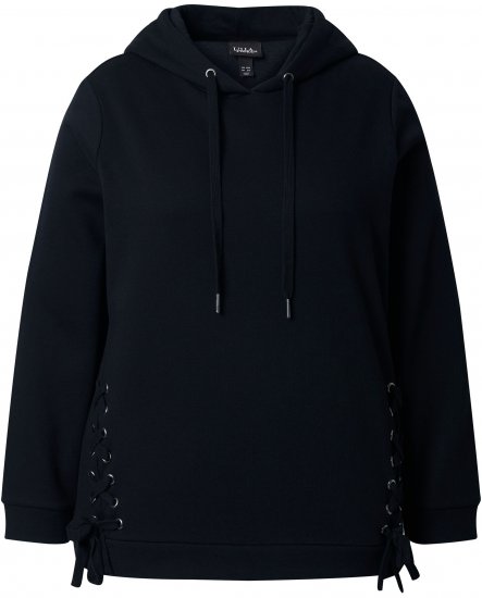 Ulla Popken Decorative Lace-Up Hoodie Black - Naisten hupparit ja collegepaidat isot koot - 