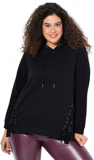 Ulla Popken Decorative Lace-Up Hoodie Black - Naisten hupparit ja collegepaidat isot koot - 