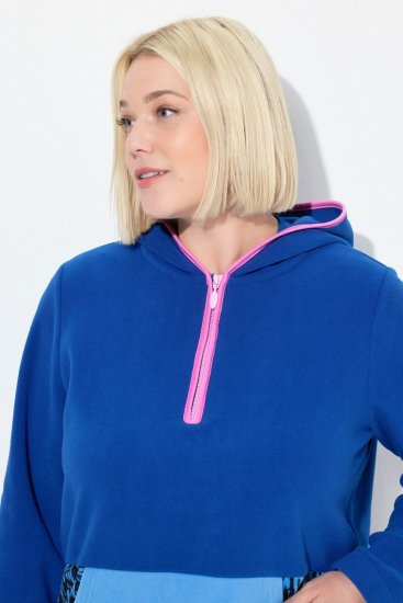 Ulla Popken Color Block Fleece Hoodie Denim Blue - Naisten hupparit ja collegepaidat isot koot - Mukavat collegepaidat, huput ja neuleet