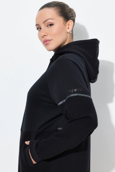 Ulla Popken Mix Fabric Reflective Trim Zip Hoodie Black - Naisten hupparit ja collegepaidat isot koot - Mukavat collegepaidat, huput ja neuleet
