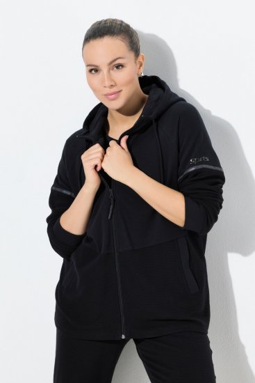 Ulla Popken Mix Fabric Reflective Trim Zip Hoodie Black - Naisten hupparit ja collegepaidat isot koot - Mukavat collegepaidat, huput ja neuleet