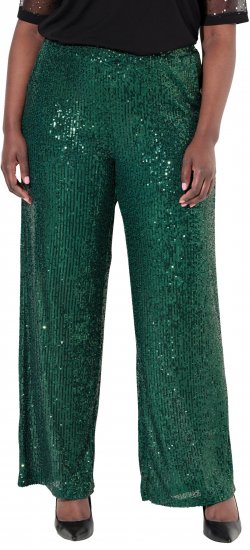 Ulla Popken Wide Leg Sequined Pants Dark Green - Naisten farkut ja housut isot koot - 