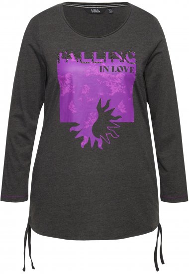Ulla Popken Tie Hem Long Sleeve Graphic Tee Charcoal Grey Melange - Painetut T-paidat naisille - 